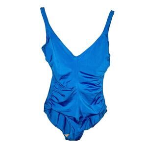 Sandcastle Vintage One Piece Swimsuit Blue Womens Size 16 80s Slimming Ruched